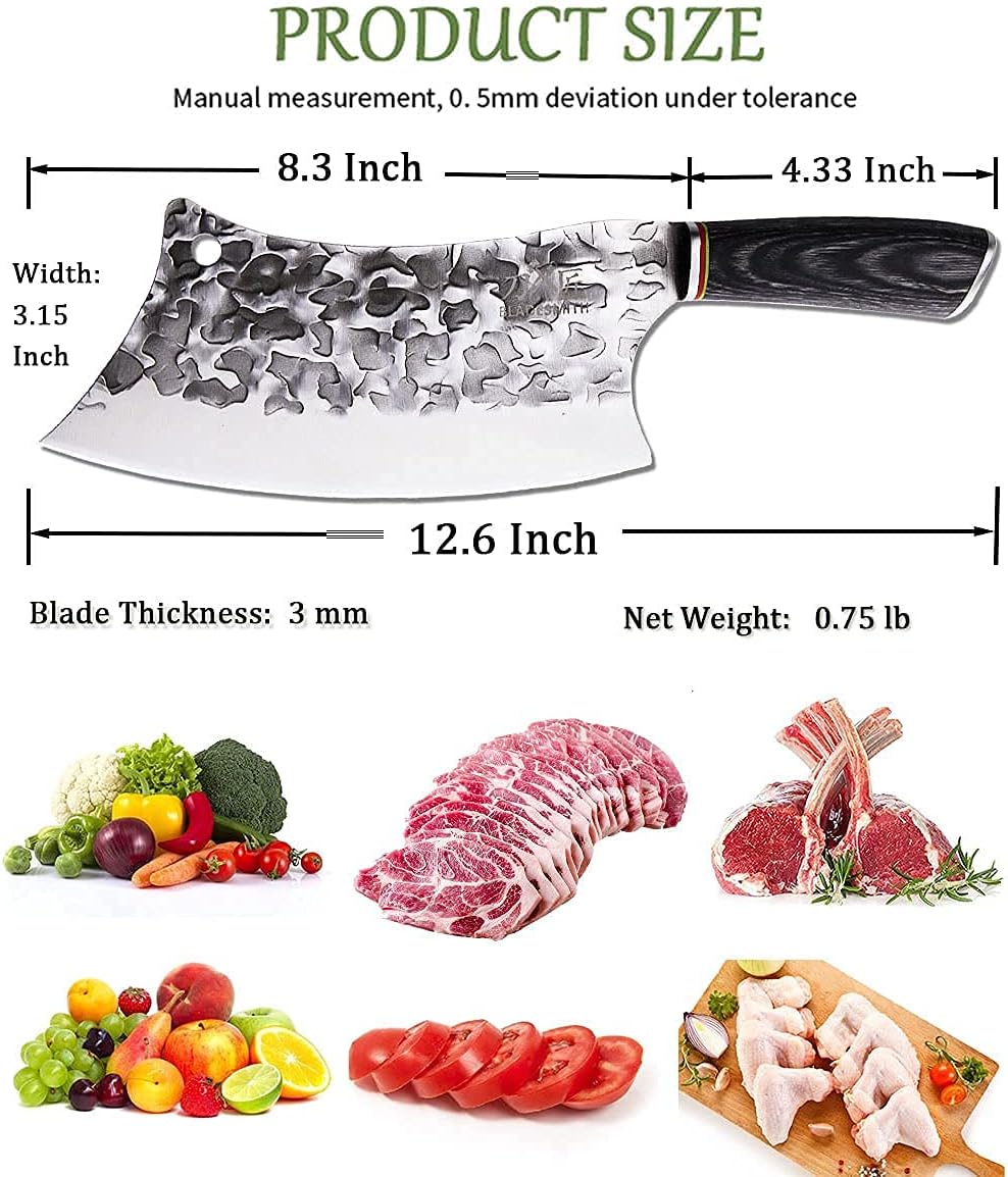 Cleaver Knife for unfrozen meat and vegetable, 7" Chinese Chef's Kitchen slicer, Razor sharp HC German Stainless Steel blade with lasered damascus pattern, pearwood Handle