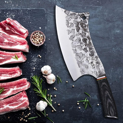 Cleaver Knife for unfrozen meat and vegetable, 7" Chinese Chef's Kitchen slicer, Razor sharp HC German Stainless Steel blade with lasered damascus pattern, pearwood Handle