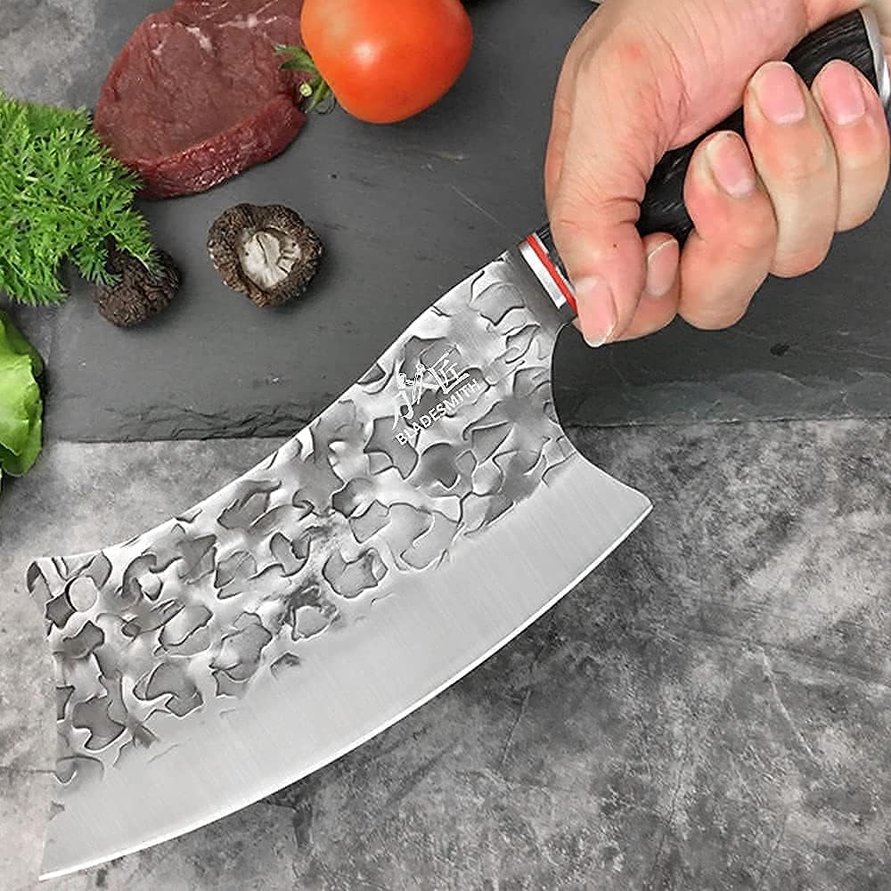 Cleaver Knife for unfrozen meat and vegetable, 7" Chinese Chef's Kitchen slicer, Razor sharp HC German Stainless Steel blade with lasered damascus pattern, pearwood Handle