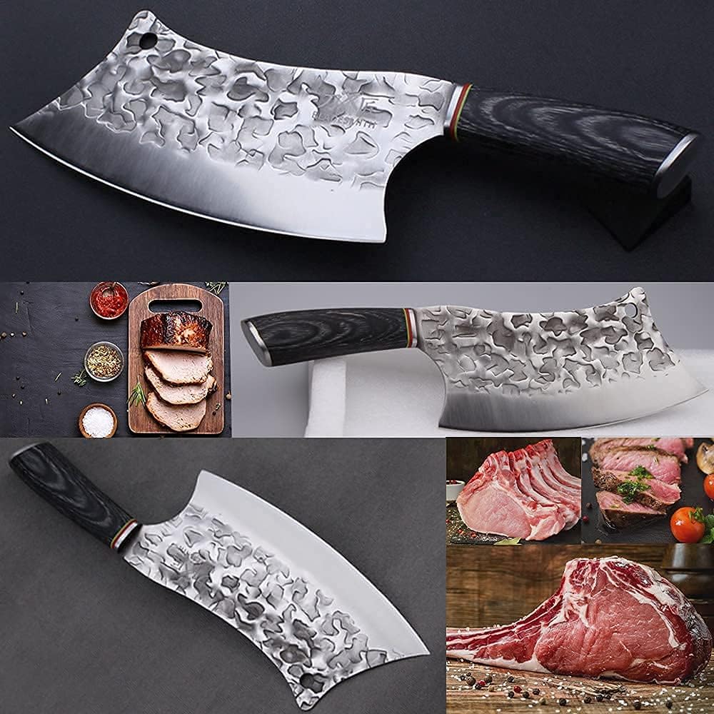 Cleaver Knife for unfrozen meat and vegetable, 7" Chinese Chef's Kitchen slicer, Razor sharp HC German Stainless Steel blade with lasered damascus pattern, pearwood Handle