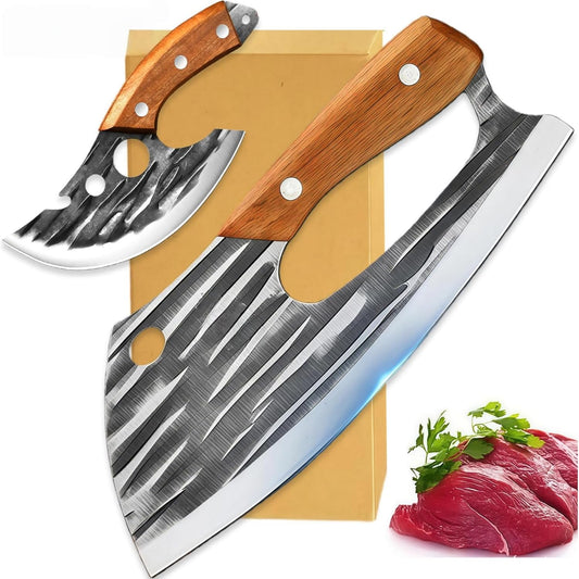 2 Pcs Meat Cleaver Knife Set, Effort Saving Meat Cleaver for Cutting Meat Vegetable, Sharp Carbon Steel Cooking Viking Knife with Leather Sheath for Kitchen, Camping, Outdoor Cooking, BBQ Gift