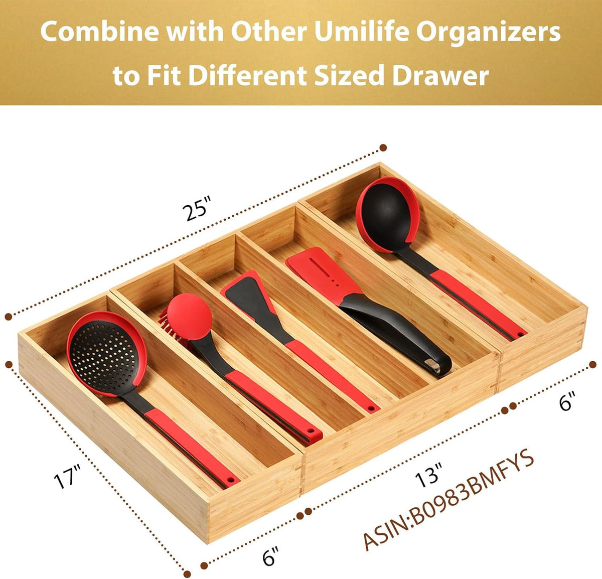Bamboo Kitchen Utensils Organizer, Extra Long High Silverware Drawer Holder, Flatware Cutlery Storage Box, Multi-Use Drawer Divider in Office, Bathroom, Pantry - 17"x6"x2.5" (Set of 2)
