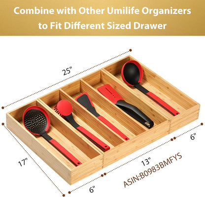 Bamboo Kitchen Utensils Organizer, Extra Long High Silverware Drawer Holder, Flatware Cutlery Storage Box, Multi-Use Drawer Divider in Office, Bathroom, Pantry - 17"x6"x2.5" (Set of 2)