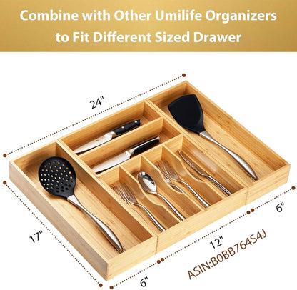 Bamboo Kitchen Utensils Organizer, Extra Long High Silverware Drawer Holder, Flatware Cutlery Storage Box, Multi-Use Drawer Divider in Office, Bathroom, Pantry - 17"x6"x2.5" (Set of 2)