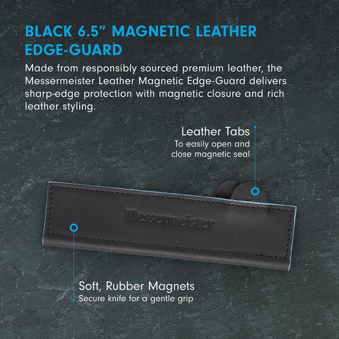 6.5" Black Magnetic Leather Edge-Guard - Handcrafted, Stylish & Functional Safety Accessory for Knife - 2 Blade Entry Notches - 6.5" x 1.625"