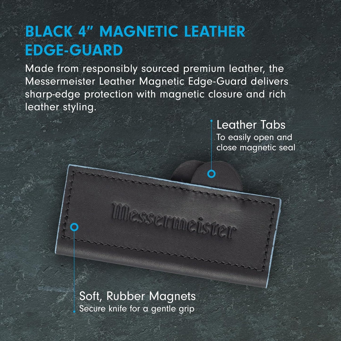 6.5" Black Magnetic Leather Edge-Guard - Handcrafted, Stylish & Functional Safety Accessory for Knife - 2 Blade Entry Notches - 6.5" x 1.625"