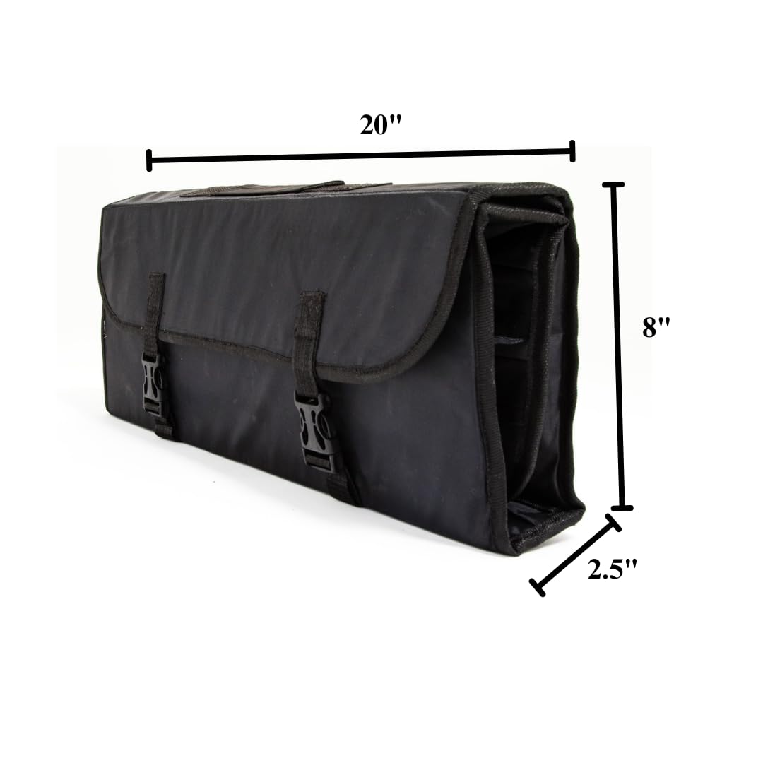 Chef Approved 20" Knife Storage Roll Bag with Buckle | Professional Kitchen Tool Case for Restaurant Cooking Knives | (9) Large (8) Small Pockets, Carrying Handle, 20"W x 2.5"D x 8"H, Nylon, Black