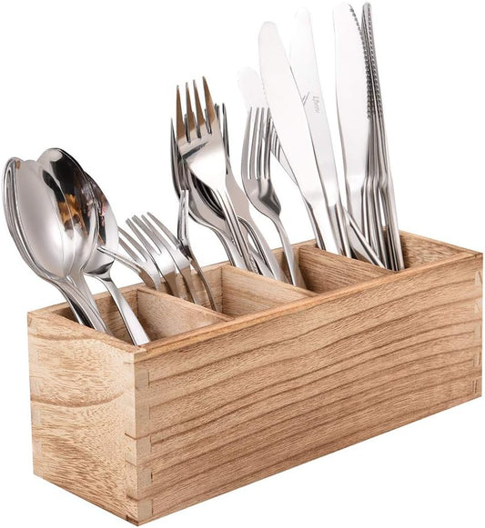 Wood Cutlery Caddy, Kitchen Utensil Organizer with 4 Compartments, Silverware Storage Kitchen Countertop Flatware Organizer