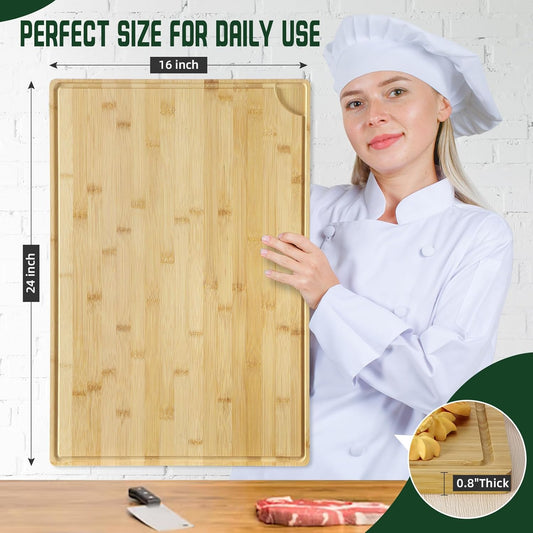 Large 24x16 Inches Bamboo Cutting Board for Kitchen, Wooden Butcher Block Chopping Board with Deep Juicy Groove and Back Inner Handle for Meat, Vegetables, Fruit