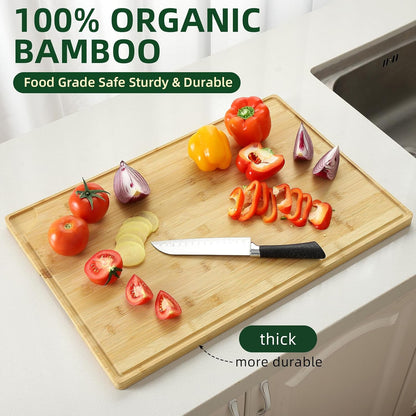 Large 24x16 Inches Bamboo Cutting Board for Kitchen, Wooden Butcher Block Chopping Board with Deep Juicy Groove and Back Inner Handle for Meat, Vegetables, Fruit