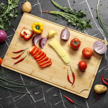 Large 24x16 Inches Bamboo Cutting Board for Kitchen, Wooden Butcher Block Chopping Board with Deep Juicy Groove and Back Inner Handle for Meat, Vegetables, Fruit