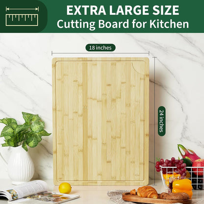 Large 24x16 Inches Bamboo Cutting Board for Kitchen, Wooden Butcher Block Chopping Board with Deep Juicy Groove and Back Inner Handle for Meat, Vegetables, Fruit