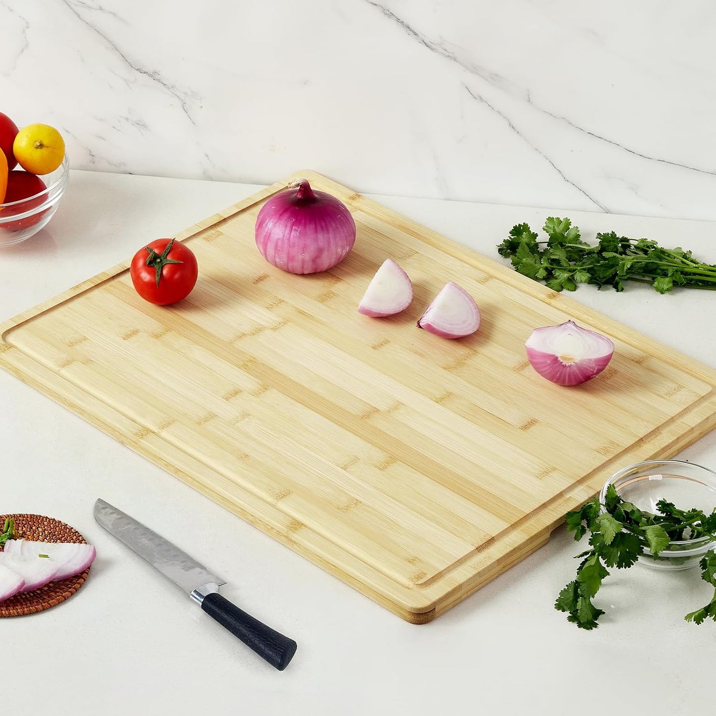 Large 24x16 Inches Bamboo Cutting Board for Kitchen, Wooden Butcher Block Chopping Board with Deep Juicy Groove and Back Inner Handle for Meat, Vegetables, Fruit