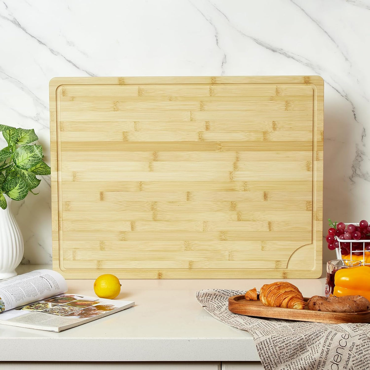 Large 24x16 Inches Bamboo Cutting Board for Kitchen, Wooden Butcher Block Chopping Board with Deep Juicy Groove and Back Inner Handle for Meat, Vegetables, Fruit