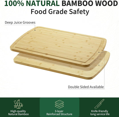 Large 24x16 Inches Bamboo Cutting Board for Kitchen, Wooden Butcher Block Chopping Board with Deep Juicy Groove and Back Inner Handle for Meat, Vegetables, Fruit