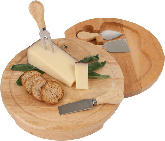 Camembert Cheese Board and Tool Set - Wooden Cheese Platter Tray and Stainless Steel Knives, Circular Wood Serving Board Gift Set - House Gift, Gift for Couples, Bridal Shower Gift