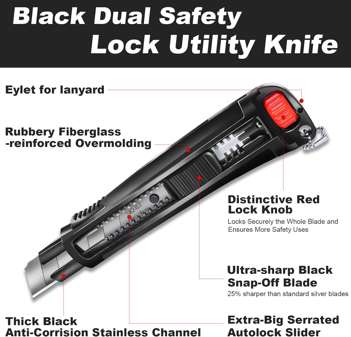 25mm Extra Heavy Duty Utility Knife with Double Lock Mechanism, Auto-Lock and Ratchet- Lock for Double Safety, SK2 Sharp Black Blade for Industrial or Construction Applications HT0254-KN