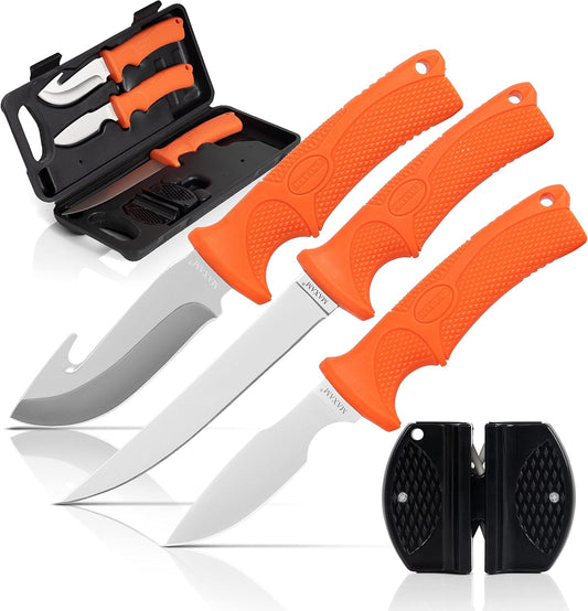 5-Piece Fixed Blade Knife Set - Stainless Steel Dressing Tools - 8.75" Skinning & Caping Knife, 10.5" Boning Knife, Storage Case, Double-Sided Sharpener