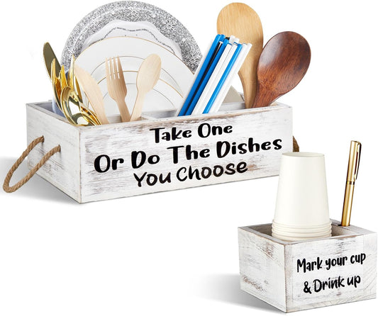 Cutlery Kitchen Utensil Holder Kit, 1 Kitchen Countertop Plate Holder and 1 Large Cup Organizer, Wooden Utensil Caddy Organizer for Plate Cup Fork Knives Spoon Straws Napkins Marker Condiment