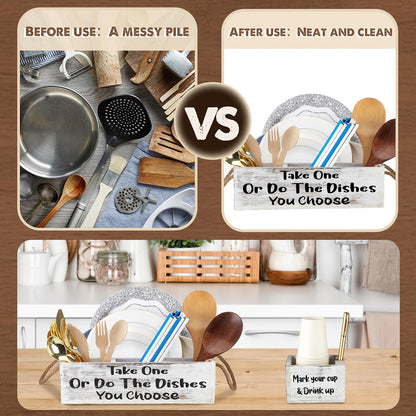 Cutlery Kitchen Utensil Holder Kit, 1 Kitchen Countertop Plate Holder and 1 Large Cup Organizer, Wooden Utensil Caddy Organizer for Plate Cup Fork Knives Spoon Straws Napkins Marker Condiment