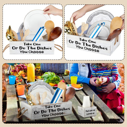 Cutlery Kitchen Utensil Holder Kit, 1 Kitchen Countertop Plate Holder and 1 Large Cup Organizer, Wooden Utensil Caddy Organizer for Plate Cup Fork Knives Spoon Straws Napkins Marker Condiment