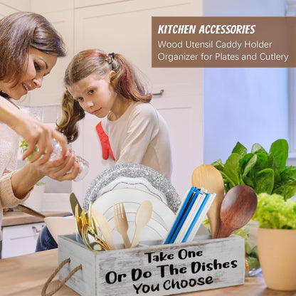 Cutlery Kitchen Utensil Holder Kit, 1 Kitchen Countertop Plate Holder and 1 Large Cup Organizer, Wooden Utensil Caddy Organizer for Plate Cup Fork Knives Spoon Straws Napkins Marker Condiment