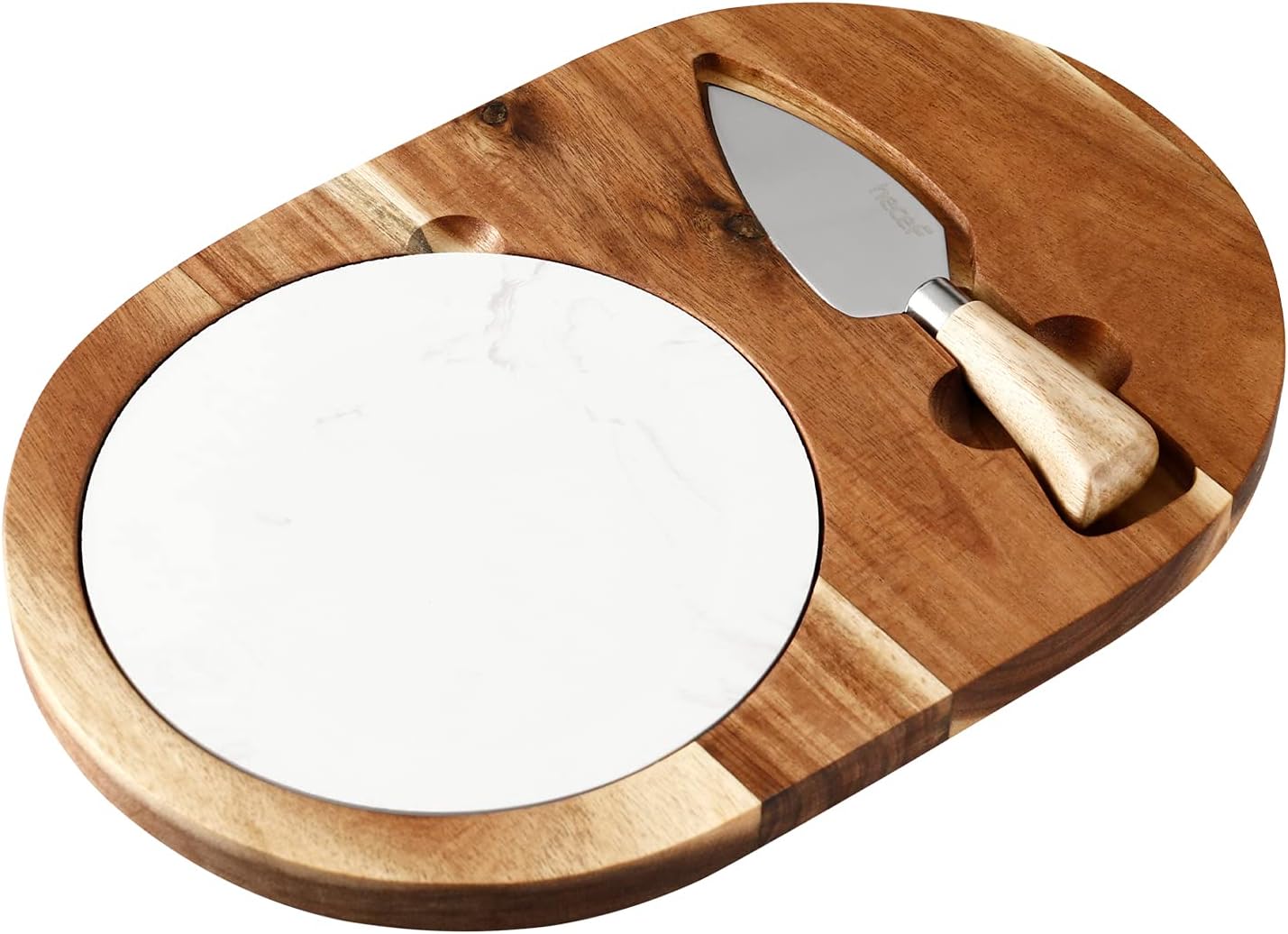 Oval Wooden Cheese Board Set, Acacia Wood Cheese Serving Board with White Marble & Cheese Knife, Cheese Serving Tray for Cheese, Cake, Appetizers