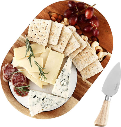 Oval Wooden Cheese Board Set, Acacia Wood Cheese Serving Board with White Marble & Cheese Knife, Cheese Serving Tray for Cheese, Cake, Appetizers