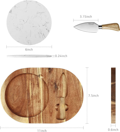 Oval Wooden Cheese Board Set, Acacia Wood Cheese Serving Board with White Marble & Cheese Knife, Cheese Serving Tray for Cheese, Cake, Appetizers