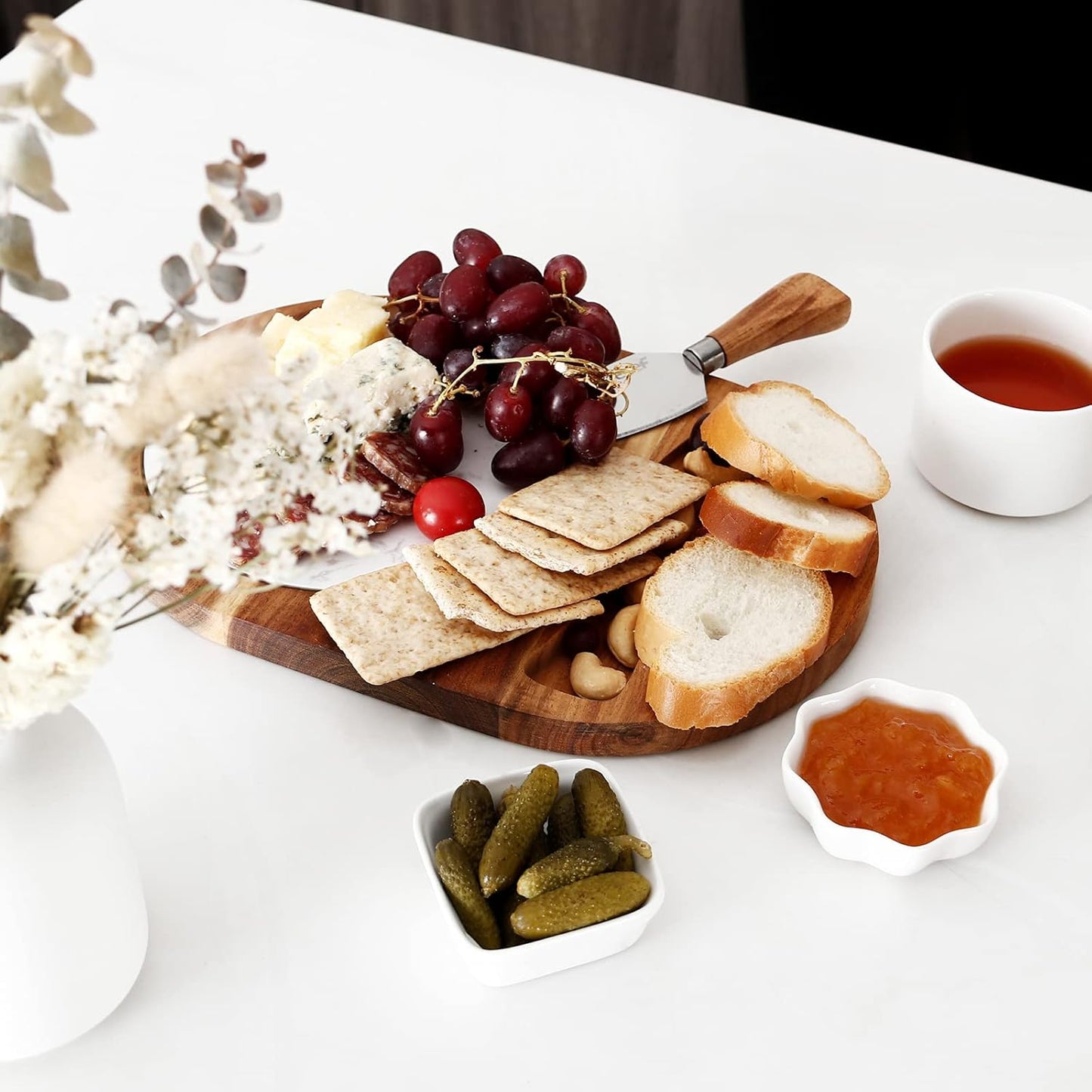 Oval Wooden Cheese Board Set, Acacia Wood Cheese Serving Board with White Marble & Cheese Knife, Cheese Serving Tray for Cheese, Cake, Appetizers