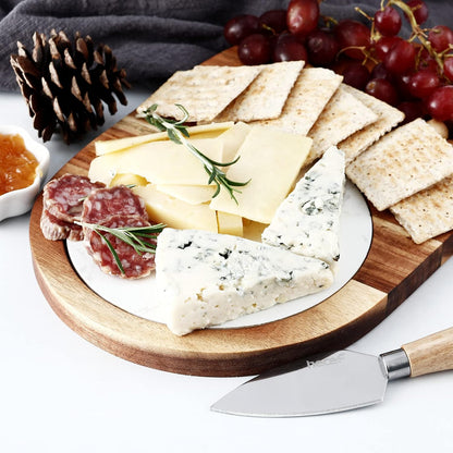 Oval Wooden Cheese Board Set, Acacia Wood Cheese Serving Board with White Marble & Cheese Knife, Cheese Serving Tray for Cheese, Cake, Appetizers