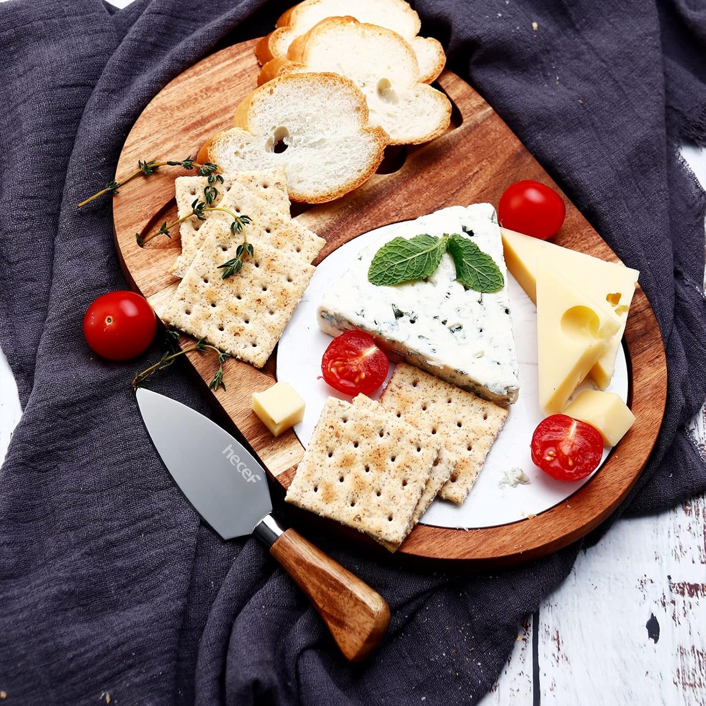 Oval Wooden Cheese Board Set, Acacia Wood Cheese Serving Board with White Marble & Cheese Knife, Cheese Serving Tray for Cheese, Cake, Appetizers