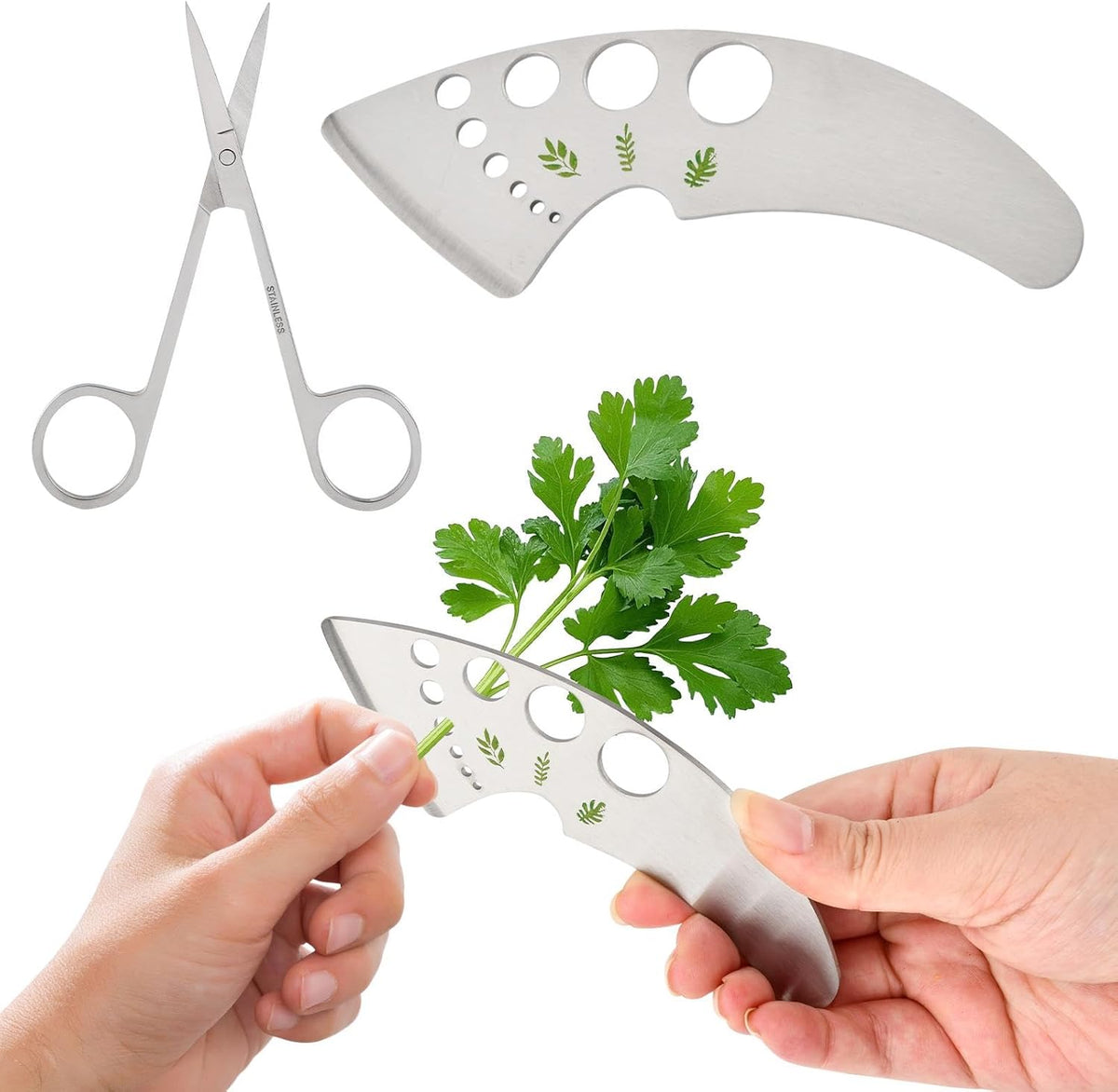 Herb Stripper Tool 9 Holes, Stainless Steel Kitchen Herb Stripping Tool with Scissor, Metal Leaf Pealer for Kale, Chard, Collard Greens, Rosemary, Thyme, Parsley(COLOR:Silver)