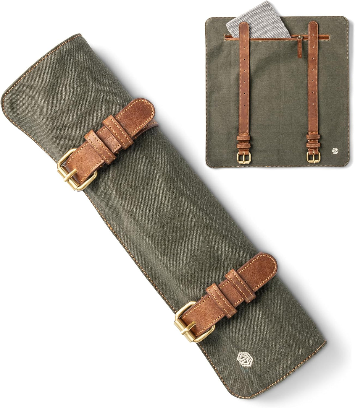 Knife Bag made of durable Canvas & genuine Leather - Chef's Knife Roll Case for Cooking & BBQ - Knives storage case Lars (Olive-Green)