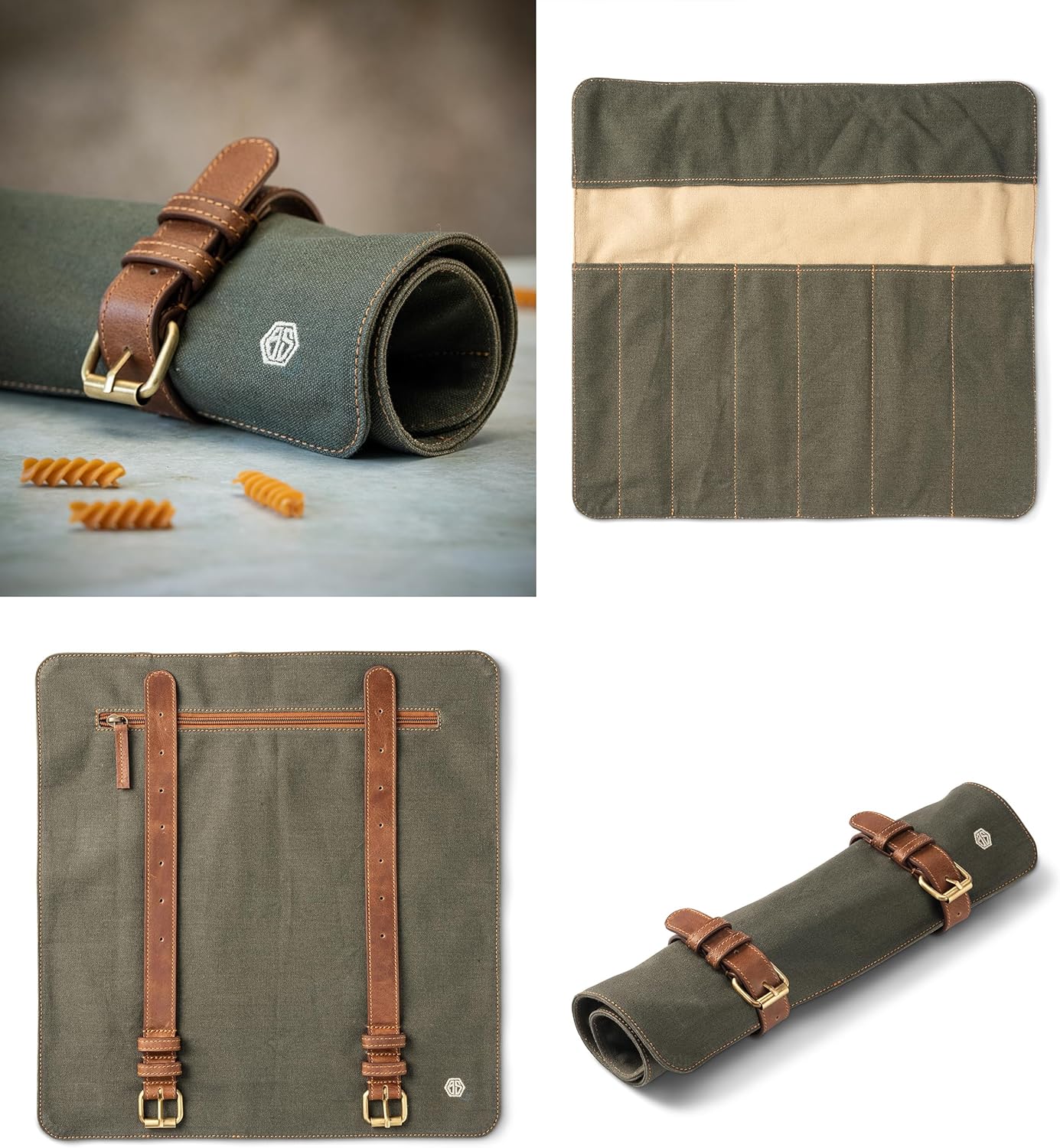 Knife Bag made of durable Canvas & genuine Leather - Chef's Knife Roll Case for Cooking & BBQ - Knives storage case Lars (Olive-Green)