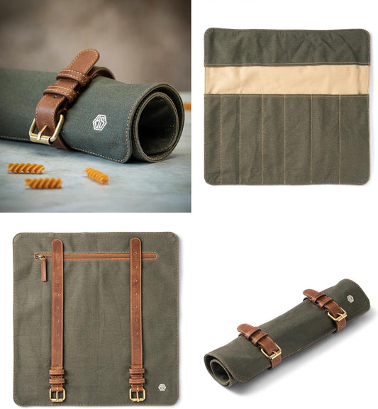Knife Bag made of durable Canvas & genuine Leather - Chef's Knife Roll Case for Cooking & BBQ - Knives storage case Lars (Olive-Green)