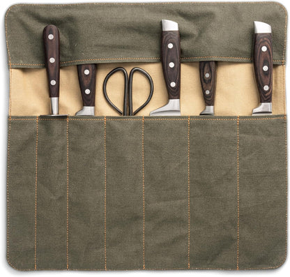 Knife Bag made of durable Canvas & genuine Leather - Chef's Knife Roll Case for Cooking & BBQ - Knives storage case Lars (Olive-Green)