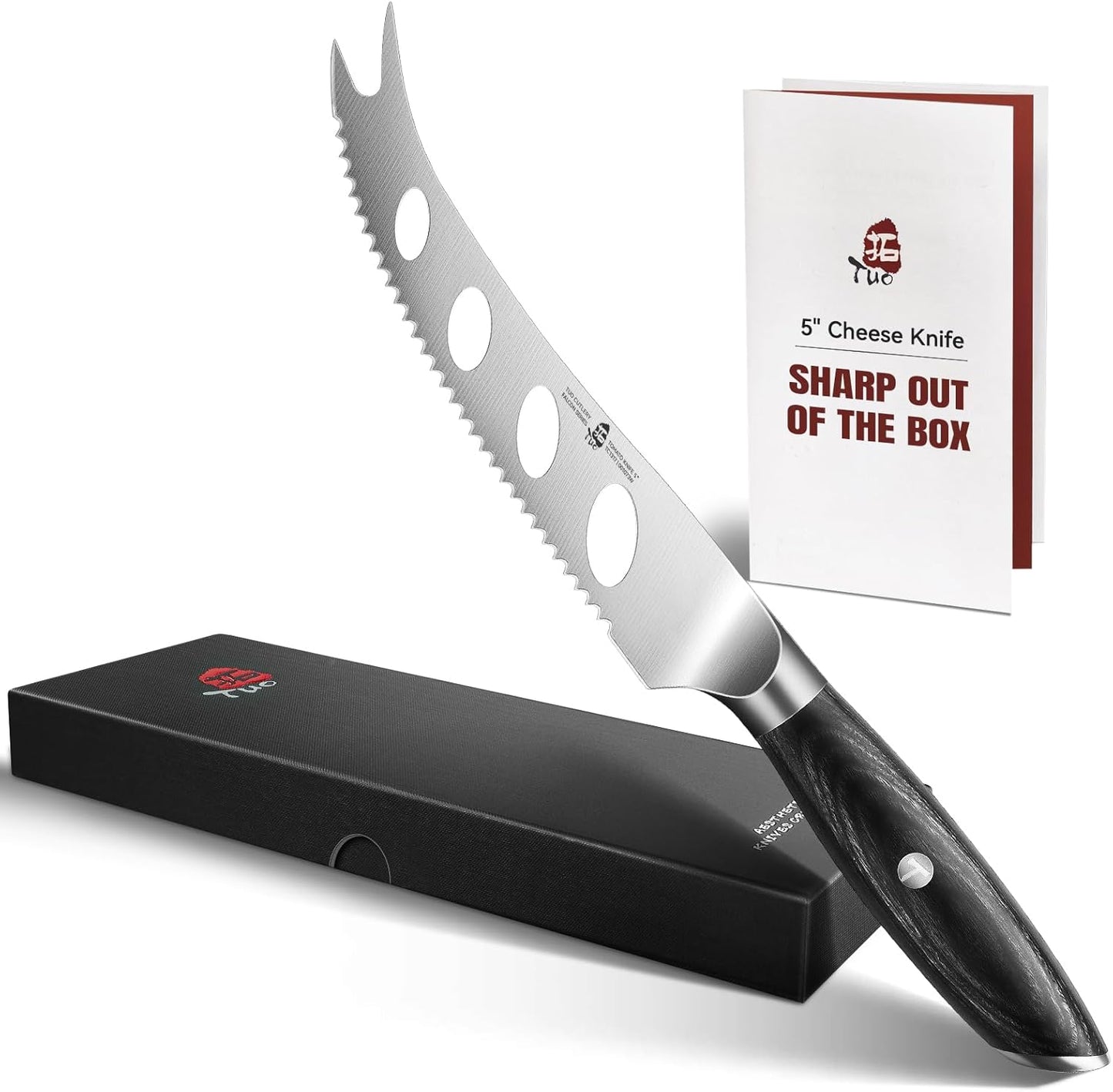 Cheese Slicer Knife, 5" Serrated Tomato Knife, with Forked Tip & Non-Stick Blade, High Carbon German Steel, Ergonomic Handle with Gift Box, Falcon Series