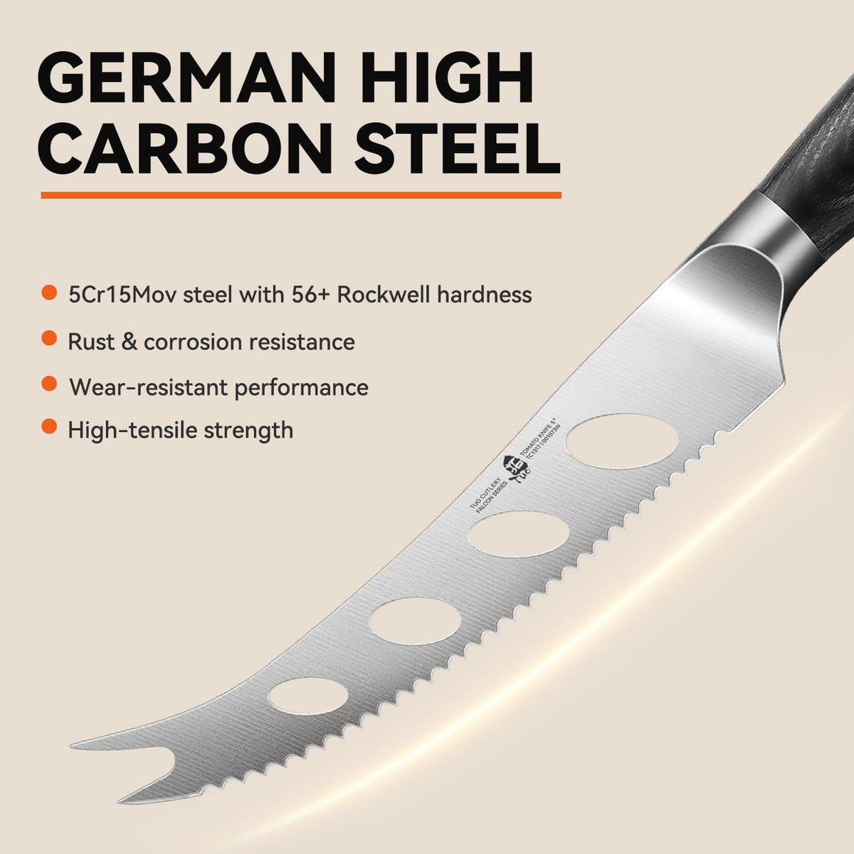 Cheese Slicer Knife, 5" Serrated Tomato Knife, with Forked Tip & Non-Stick Blade, High Carbon German Steel, Ergonomic Handle with Gift Box, Falcon Series