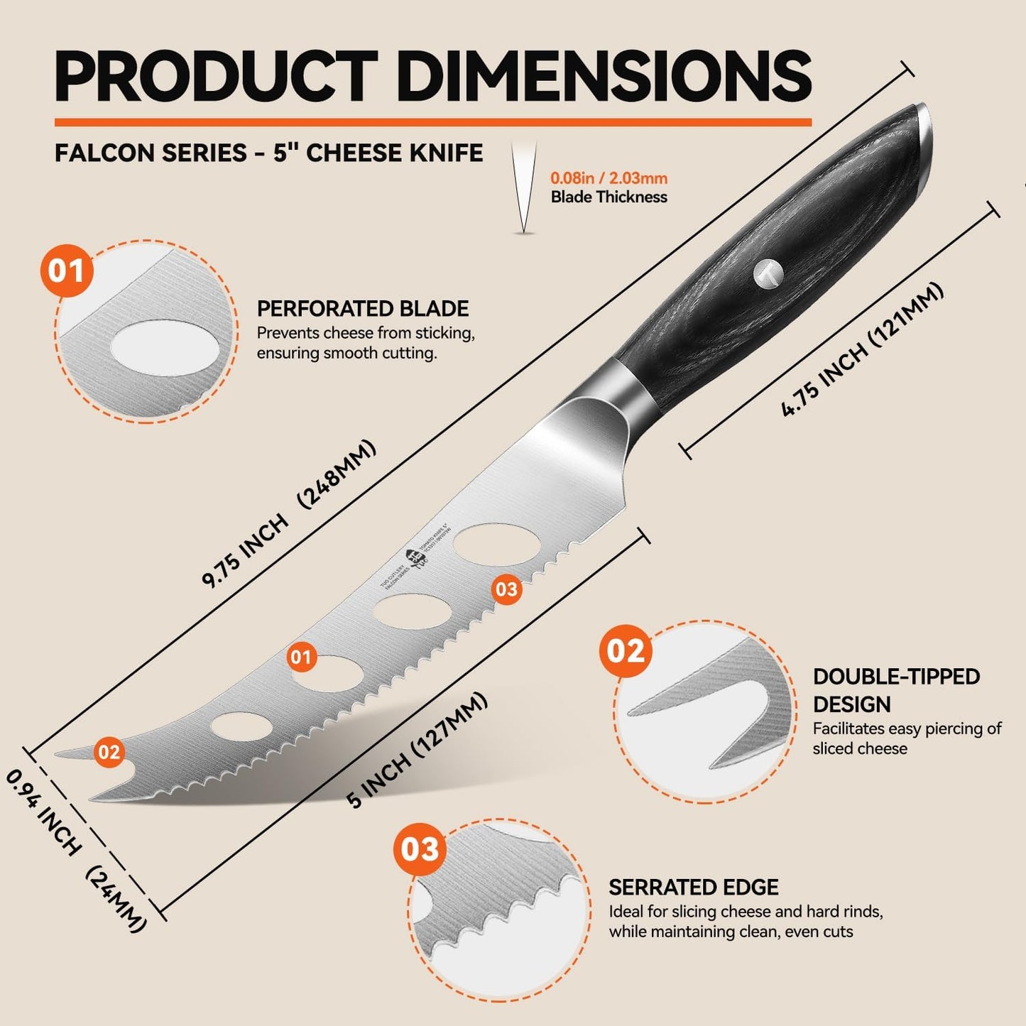 Cheese Slicer Knife, 5" Serrated Tomato Knife, with Forked Tip & Non-Stick Blade, High Carbon German Steel, Ergonomic Handle with Gift Box, Falcon Series