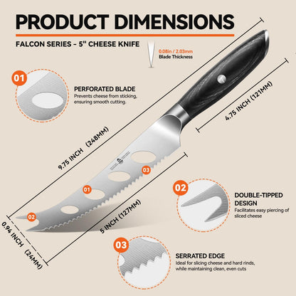 Cheese Slicer Knife, 5" Serrated Tomato Knife, with Forked Tip & Non-Stick Blade, High Carbon German Steel, Ergonomic Handle with Gift Box, Falcon Series