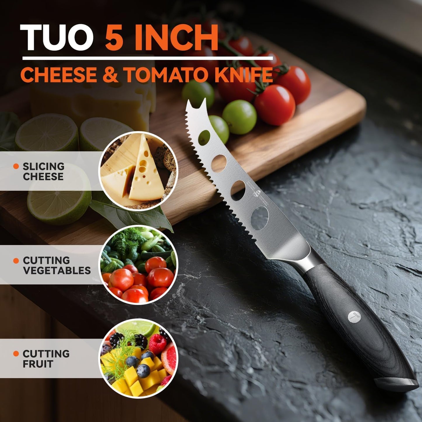Cheese Slicer Knife, 5" Serrated Tomato Knife, with Forked Tip & Non-Stick Blade, High Carbon German Steel, Ergonomic Handle with Gift Box, Falcon Series