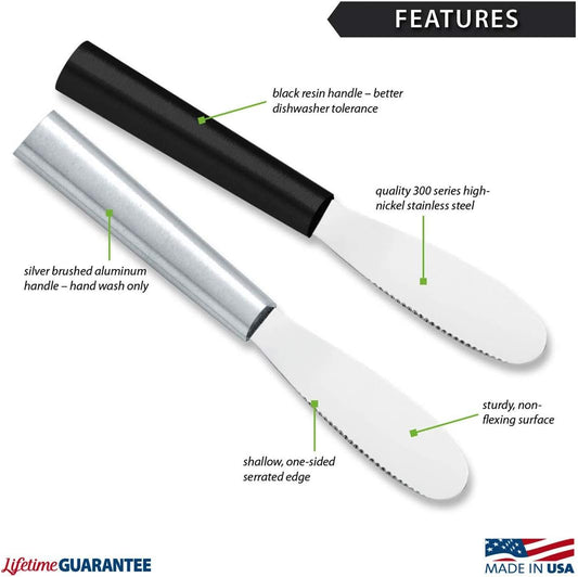 Party Spreader Knife (W235), 3.38" Stainless Steel Shallow Serrated Edge Blade, Black Handle
