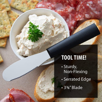 Party Spreader Knife (W235), 3.38" Stainless Steel Shallow Serrated Edge Blade, Black Handle