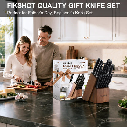 Fikshot Knife Set, German Stainless Steel, Black, 14-Piece kitchen knives | Full Tang Handle, Ultra-Sharp, Knife Block & Sharpener Included, Rust-Resistant, Dishwasher-Safe, Gift for Chefs, BBQ Prep