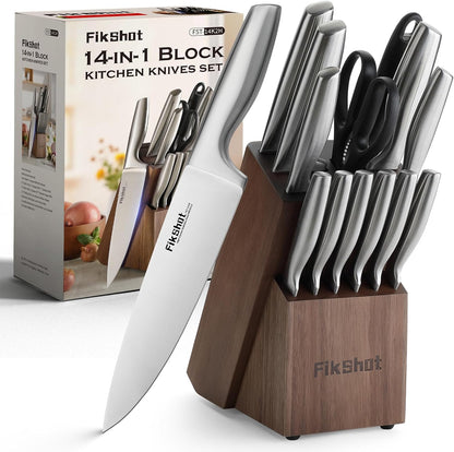 Fikshot Knife Set, German Stainless Steel, Black, 14-Piece kitchen knives | Full Tang Handle, Ultra-Sharp, Knife Block & Sharpener Included, Rust-Resistant, Dishwasher-Safe, Gift for Chefs, BBQ Prep