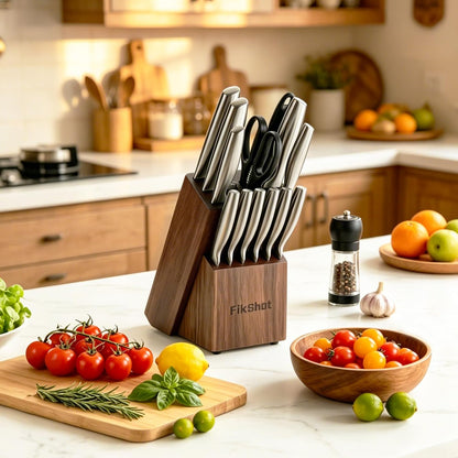 Fikshot Knife Set, German Stainless Steel, Black, 14-Piece kitchen knives | Full Tang Handle, Ultra-Sharp, Knife Block & Sharpener Included, Rust-Resistant, Dishwasher-Safe, Gift for Chefs, BBQ Prep