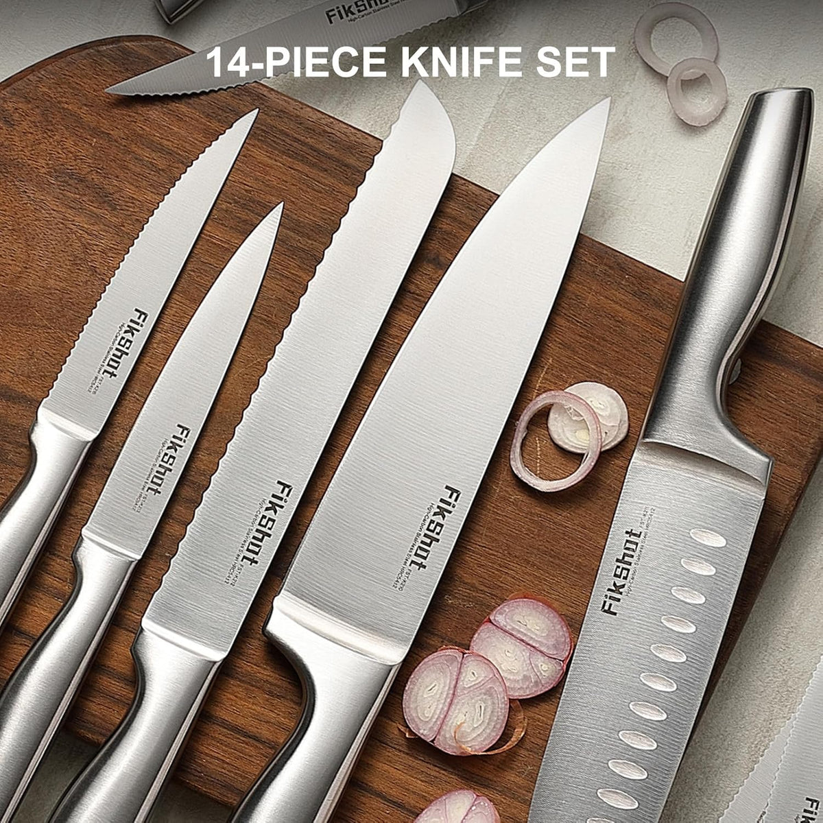 Fikshot Knife Set, German Stainless Steel, Black, 14-Piece kitchen knives | Full Tang Handle, Ultra-Sharp, Knife Block & Sharpener Included, Rust-Resistant, Dishwasher-Safe, Gift for Chefs, BBQ Prep