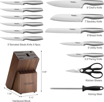 Fikshot Knife Set, German Stainless Steel, Black, 14-Piece kitchen knives | Full Tang Handle, Ultra-Sharp, Knife Block & Sharpener Included, Rust-Resistant, Dishwasher-Safe, Gift for Chefs, BBQ Prep