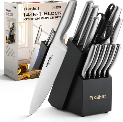 Fikshot Knife Set, German Stainless Steel, Black, 14-Piece kitchen knives | Full Tang Handle, Ultra-Sharp, Knife Block & Sharpener Included, Rust-Resistant, Dishwasher-Safe, Gift for Chefs, BBQ Prep
